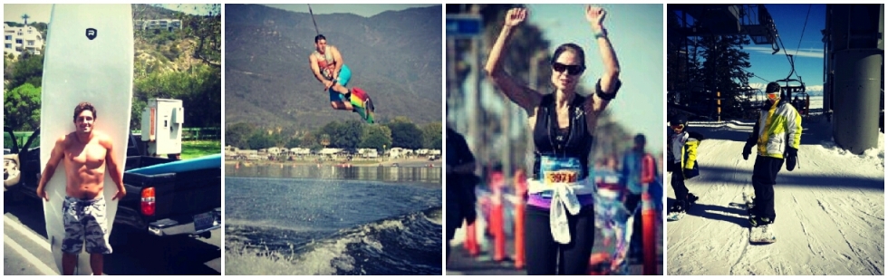 member collage banner, orange county personal trainer, surfing, wakeboarding, running, snowboarding, activities